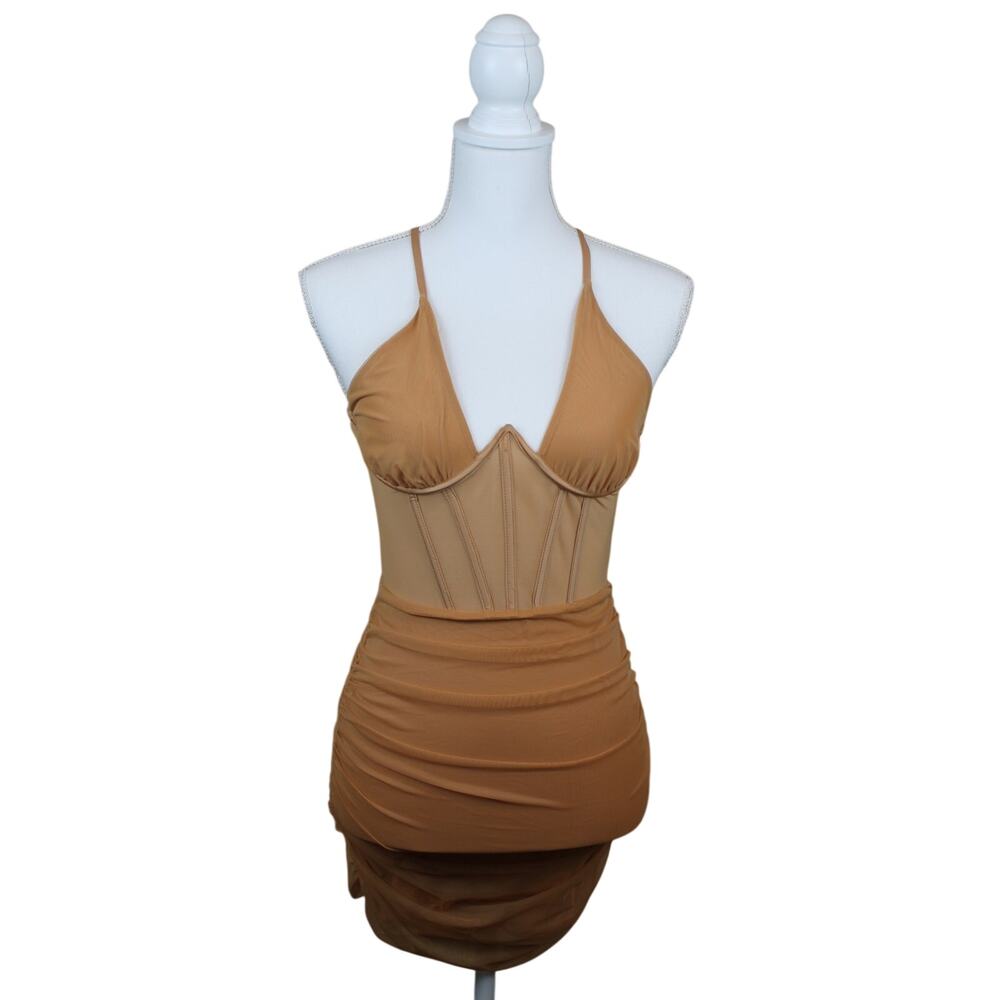 Oh Polly Nude Mesh Corset Mini Ruche Stretchy Bodycon Sexy Mini Dress Size 2